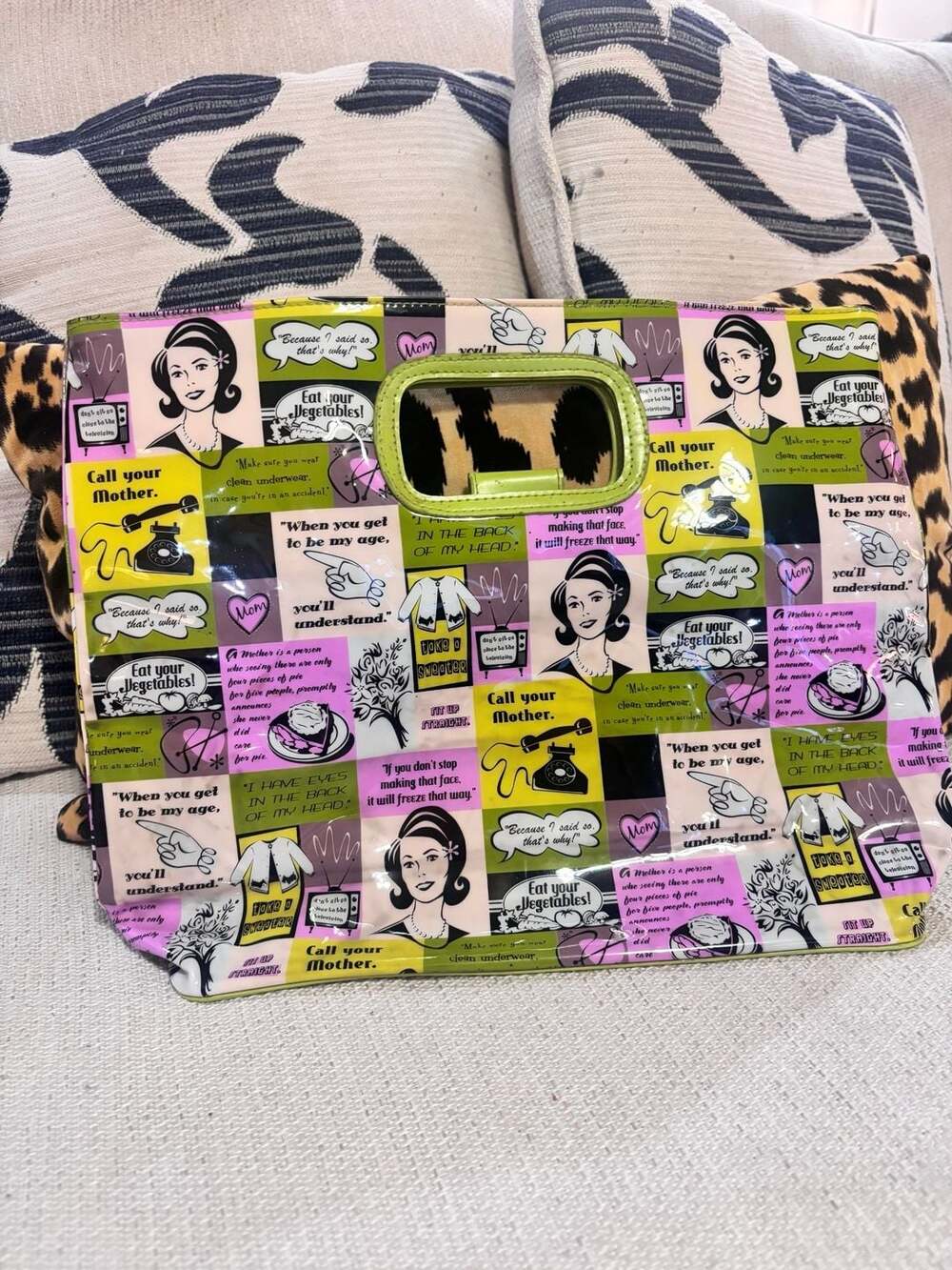 Vintage Mother Quotes Print Vinyl Tote Bag with Lime Green Hard Handles